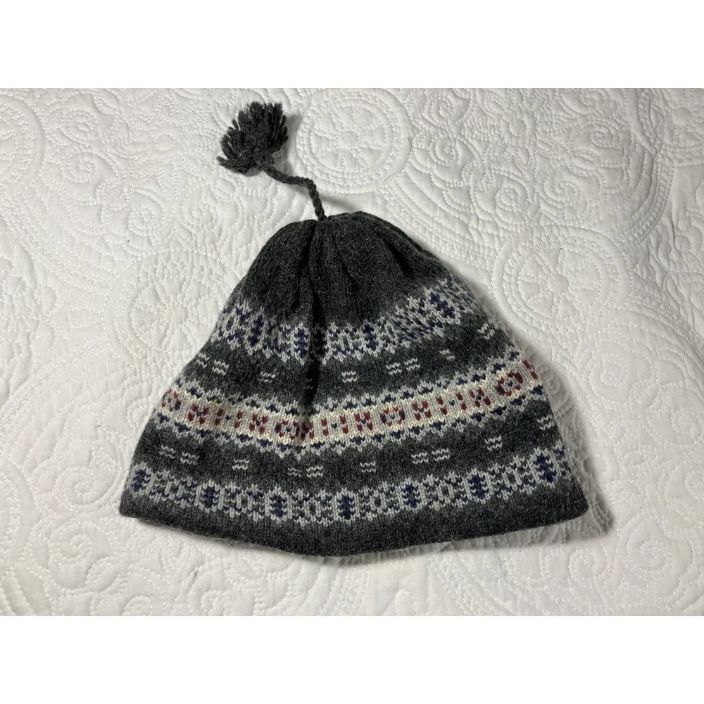 Vintage Turtle Fur Fair Isle Wool Blend Knit Beanie Hat Gray XL Pom Winter USA